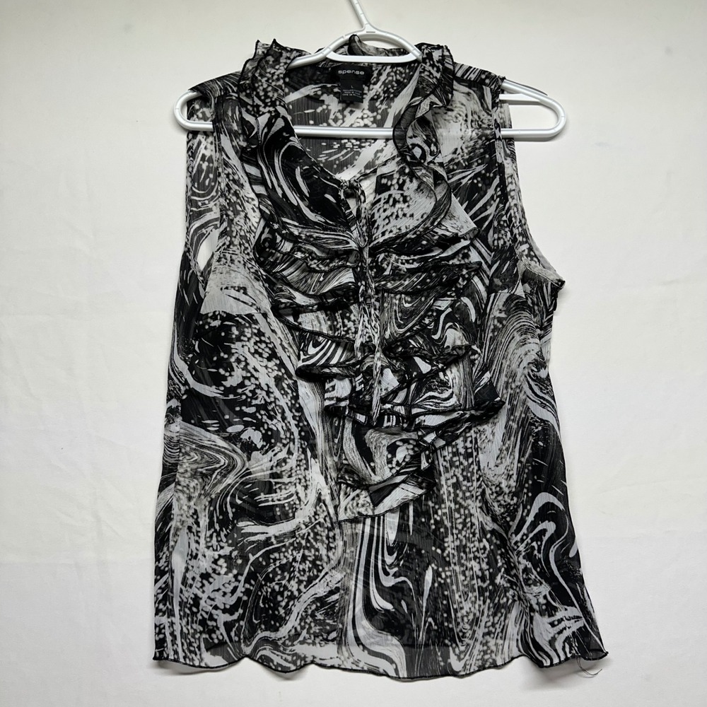 Spense Black White Sleeveless Ruffle Blouse Monochrome Side Zip Womens Large